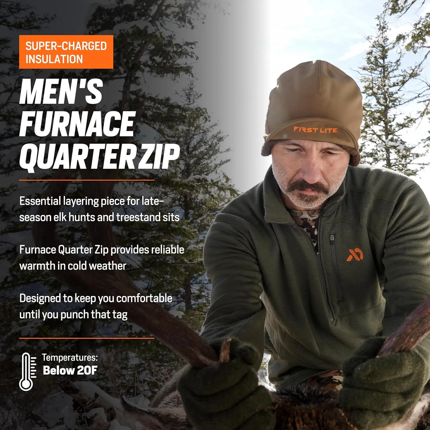 First Lite Men's Furnace Quarter Zip - Merino Wool Fleece Camo Hunting Long Sleeve, Insulated Midlayer, Hunting Gear For Men