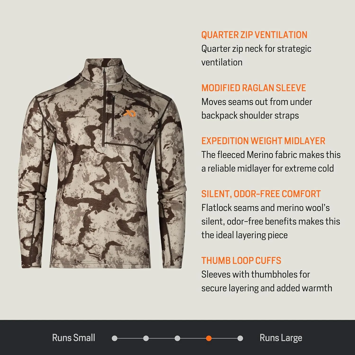 First Lite Men's Furnace Quarter Zip - Merino Wool Fleece Camo Hunting Long Sleeve, Insulated Midlayer, Hunting Gear For Men