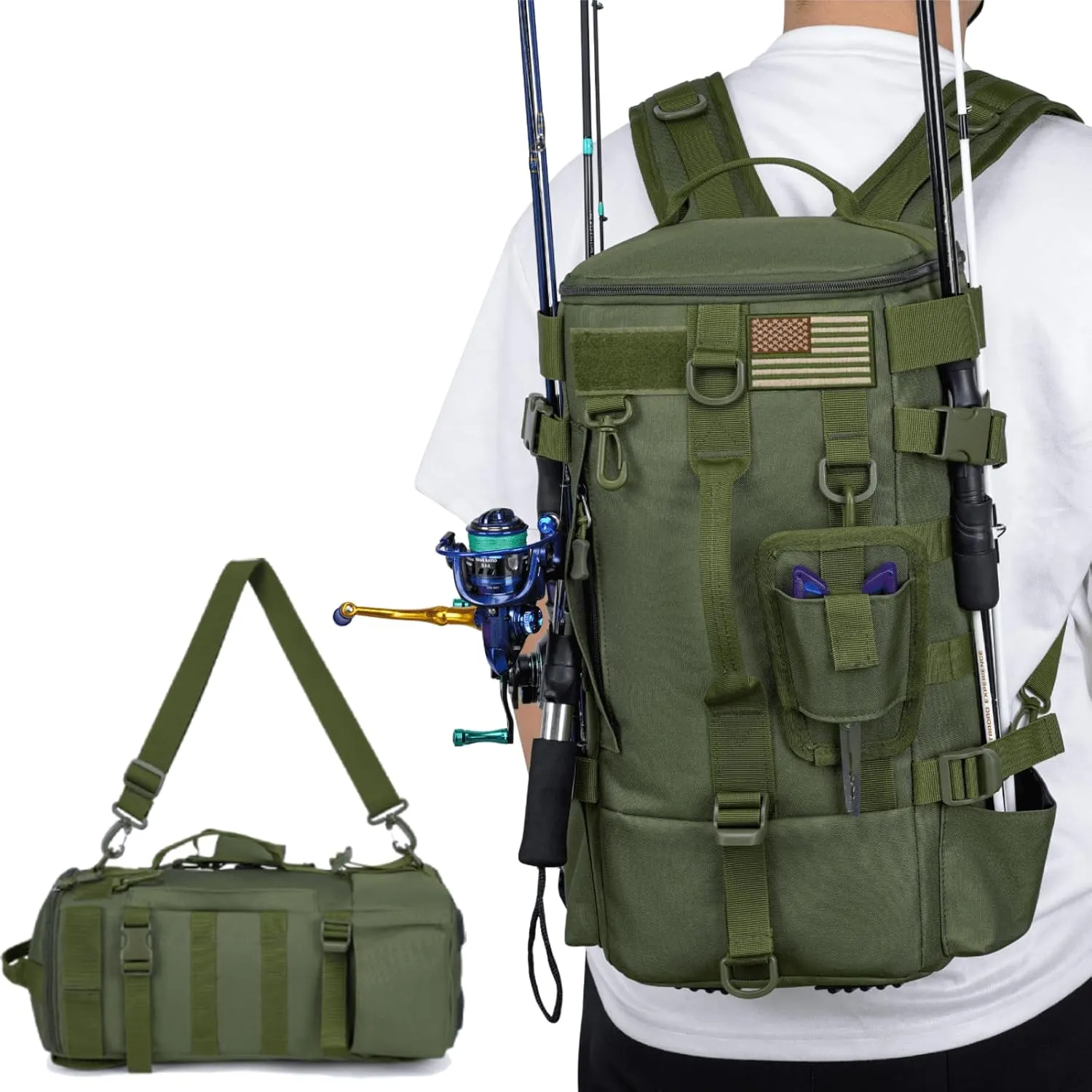 Fishing Backpack With Flag, Waterproof Fishing Tackle Bag with 2 Rod Holders, Large Storage Tackle Box Backpack, Portable Gear, Equipment, Gifts for Men