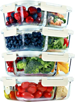 FIT Strong & Healthy 2 & 3 Compartments Glass Meal Prep Containers – Portion Control Containers, Food Storage w/Lids, Freezer Safe, Leak-Proof Glass Lunch Box with Compartments, 32 oz, Beige, 4 Pack