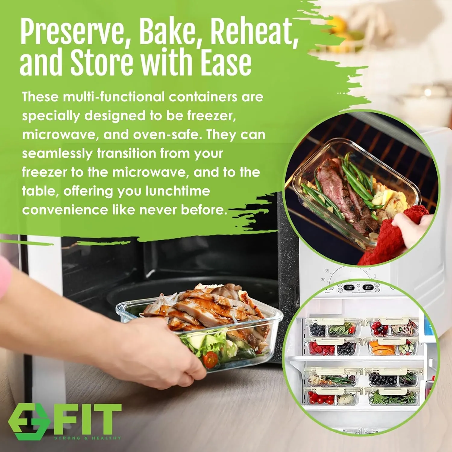 FIT Strong & Healthy 2 & 3 Compartments Glass Meal Prep Containers – Portion Control Containers, Food Storage w/Lids, Freezer Safe, Leak-Proof Glass Lunch Box with Compartments, 32 oz, Beige, 4 Pack