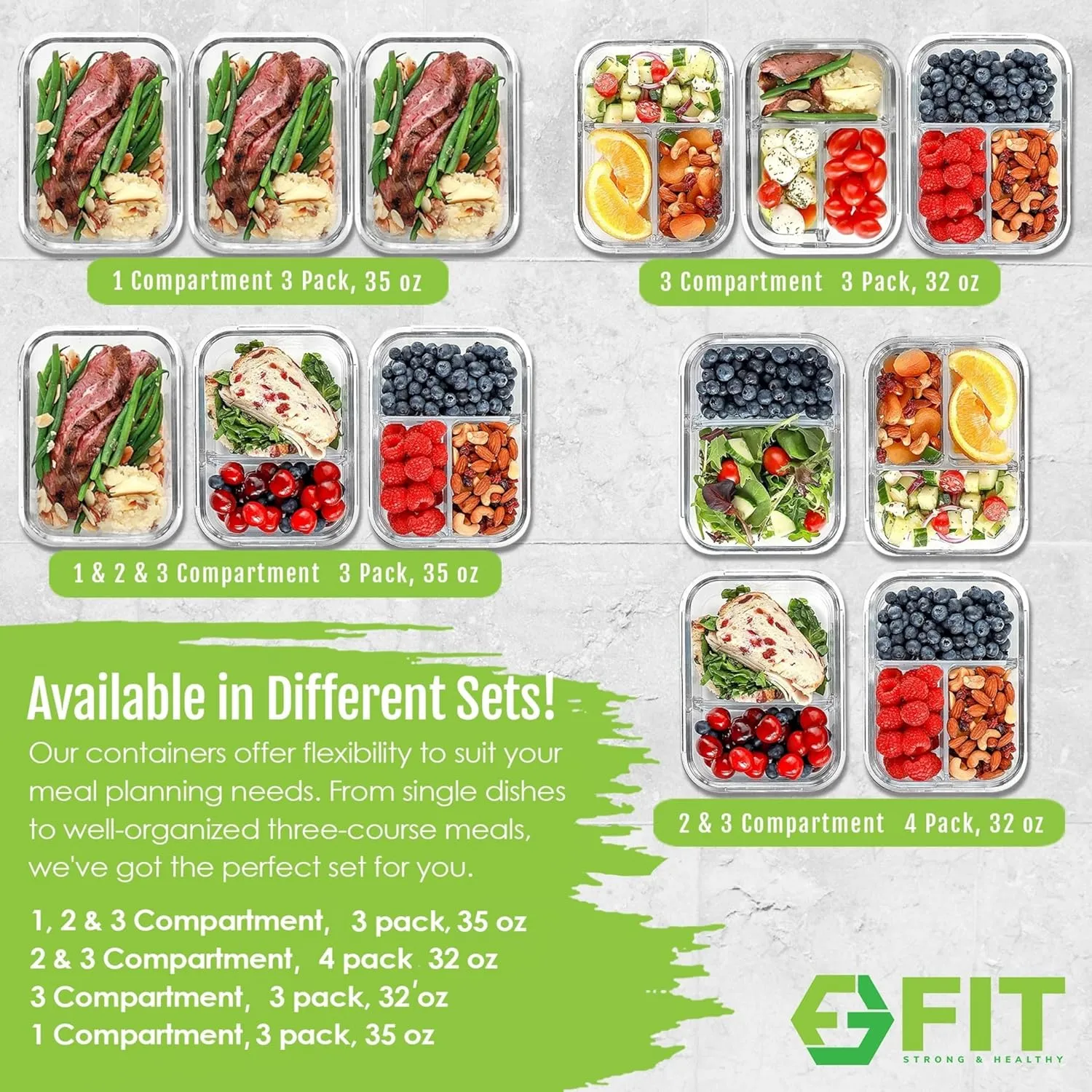 FIT Strong & Healthy 2 & 3 Compartments Glass Meal Prep Containers – Portion Control Containers, Food Storage w/Lids, Freezer Safe, Leak-Proof Glass Lunch Box with Compartments, 32 oz, Beige, 4 Pack