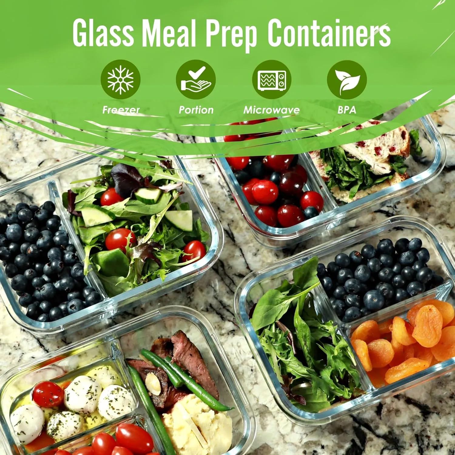 FIT Strong & Healthy 2 & 3 Compartments Glass Meal Prep Containers – Portion Control Containers, Food Storage w/Lids, Freezer Safe, Leak-Proof Glass Lunch Box with Compartments, 32 oz, Beige, 4 Pack