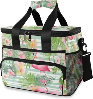 Flamingo Green Stripes Cooler Bag Insulated Cooler Soft Sided Cooler 24 Can Portable Picnic Bag Large Leakproof Lunch Bag Box for Beach Grocery Camping Travel Car Men Women