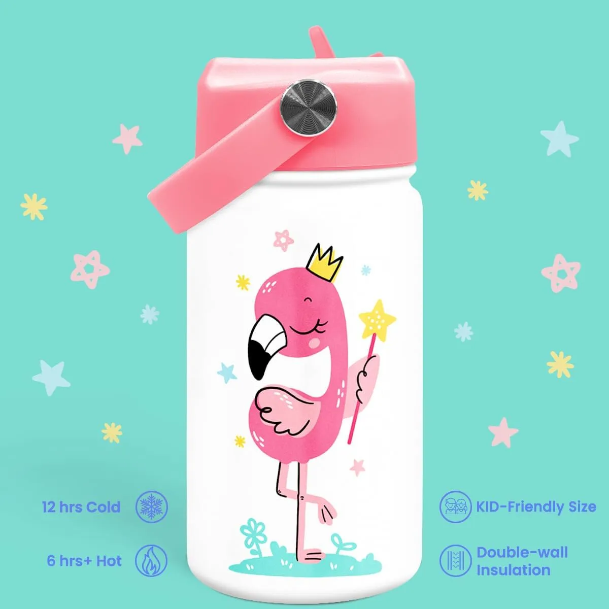 Flamingo Water Bottle - Kids Water Bottle with Straw Lid - 12 Oz Insulated Stainless Steel Water Bottles for Toddlers Kid Girls - Travel Cup for School Sports