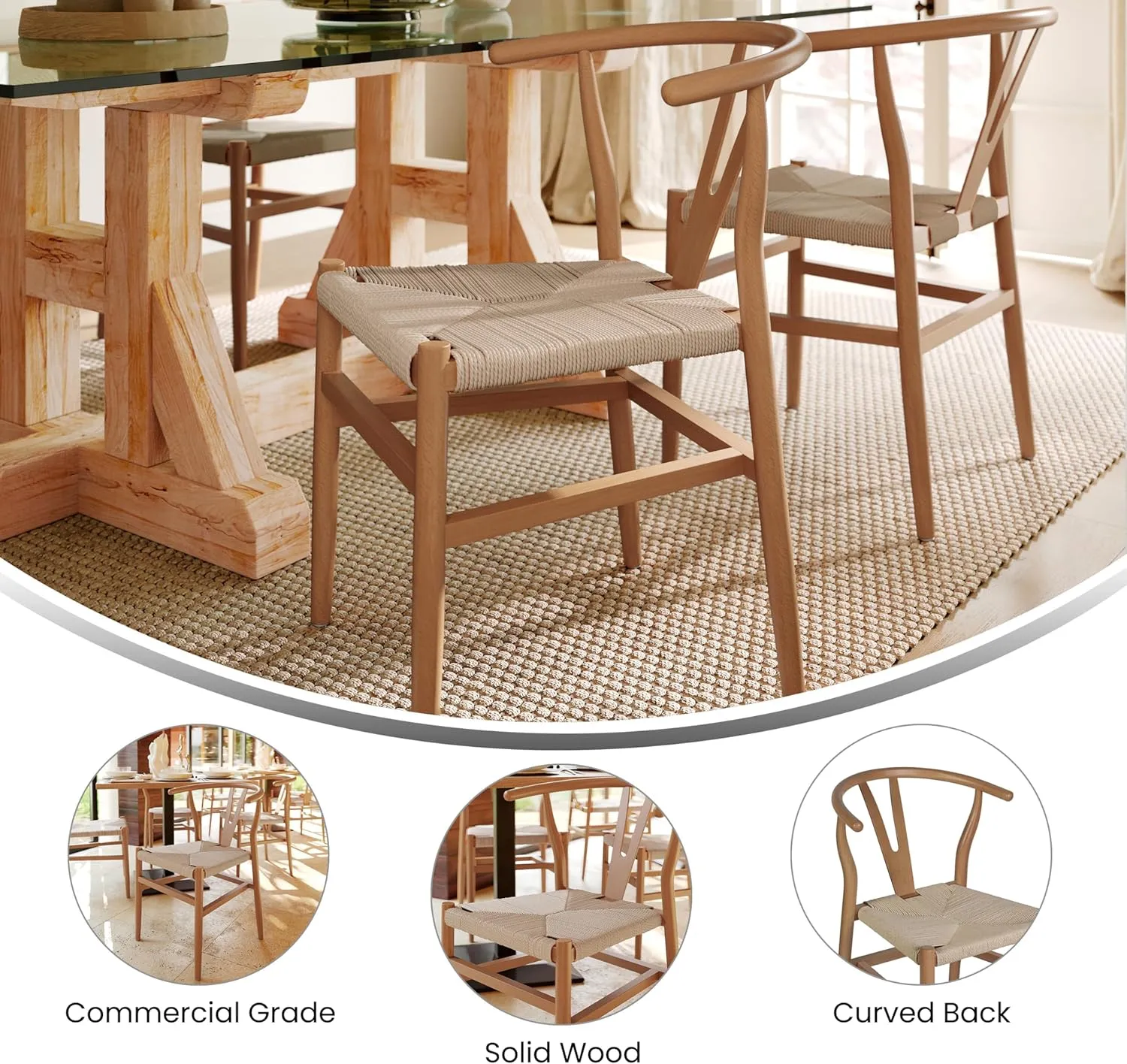 Flash Furniture Logan Commercial Wood Dining Chair, Wishbone Style, Stackable Design, Solid Wood Frame, Kraft Paper Seat, Mortise and Tenon, Oak/Natural