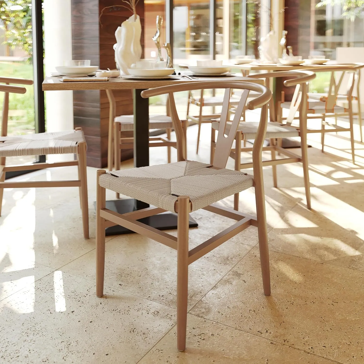 Flash Furniture Logan Commercial Wood Dining Chair, Wishbone Style, Stackable Design, Solid Wood Frame, Kraft Paper Seat, Mortise and Tenon, Oak/Natural