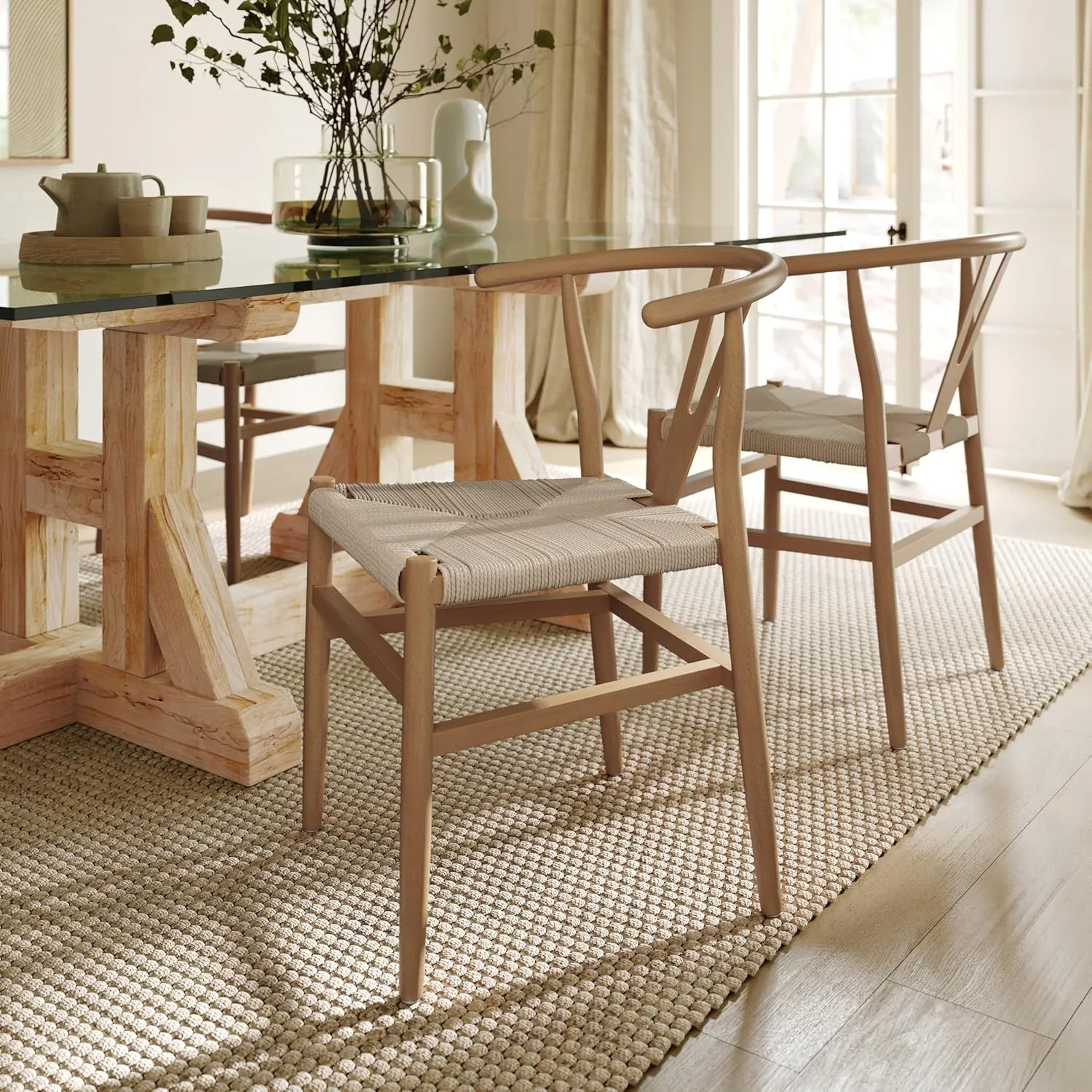 Flash Furniture Logan Commercial Wood Dining Chair, Wishbone Style, Stackable Design, Solid Wood Frame, Kraft Paper Seat, Mortise and Tenon, Oak/Natural