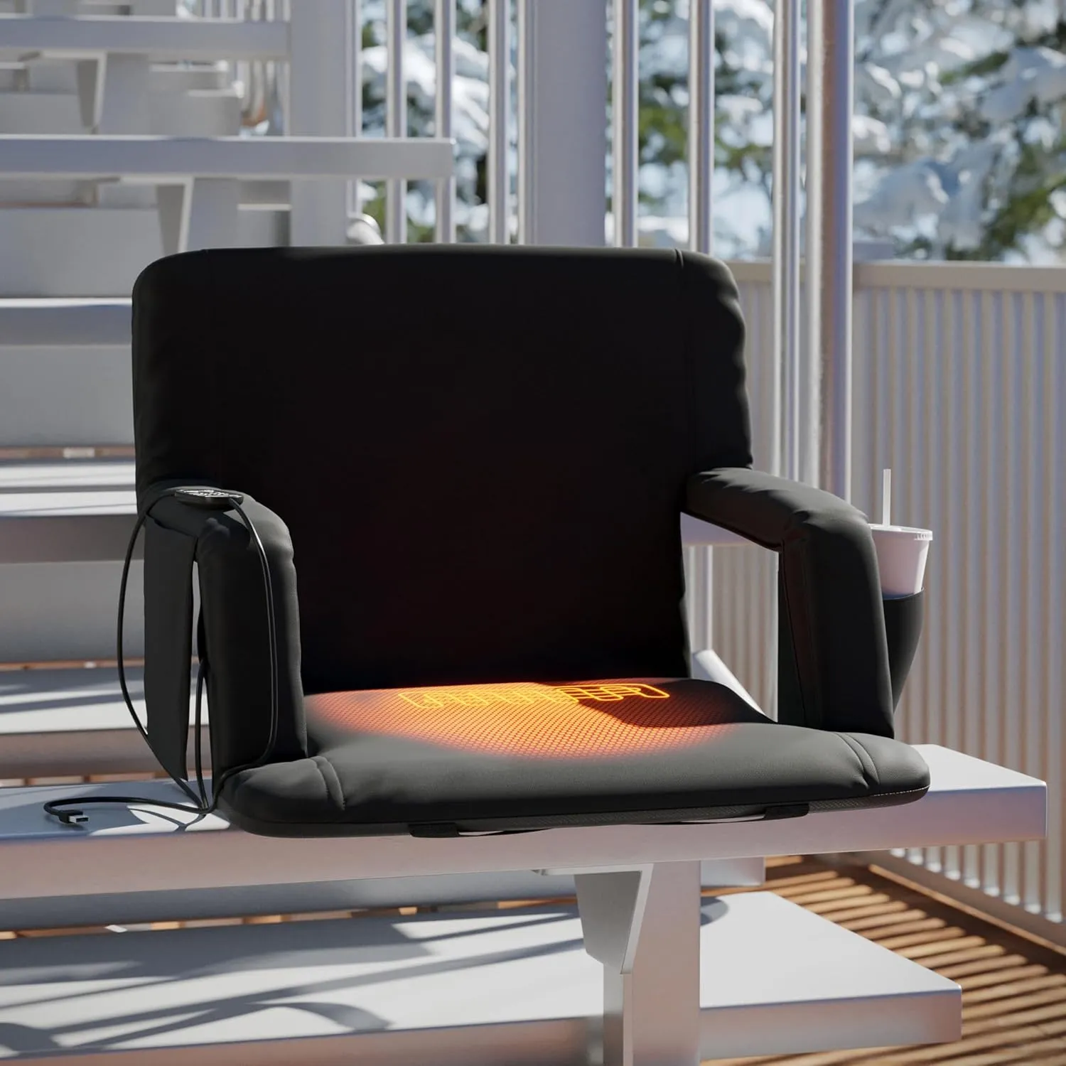 Flash Furniture Malta Extra Wide Heated Stadium Seat with Back Support, 6 Recline Positions, Portable Chair with Backpack Straps, USB Battery Pack Not Included, Black