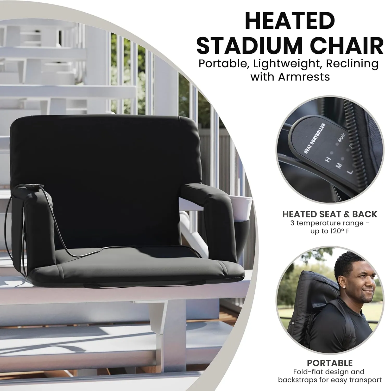 Flash Furniture Malta Extra Wide Heated Stadium Seat with Back Support, 6 Recline Positions, Portable Chair with Backpack Straps, USB Battery Pack Not Included, Black