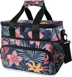 Flower Palm Leaf Blue Cooler Bag Insulated Cooler Soft Sided Cooler 24 Can Portable Picnic Bag Large Leakproof Lunch Bag Box for Beach Grocery Camping Travel Car Men Women