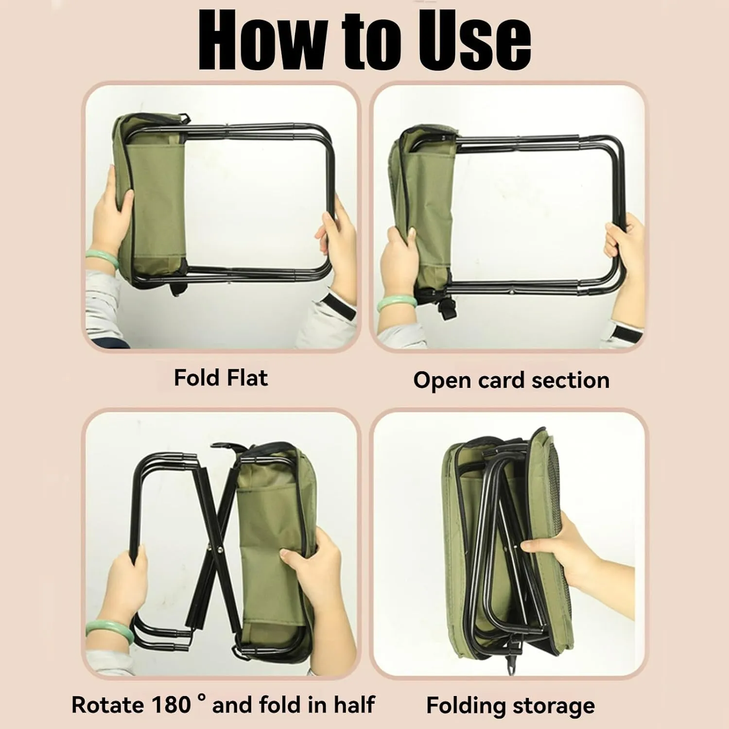 Foldable Backpack Stool, 2025 Upgrade Camping Stool for Fishing Travel Picnics, Portable Seats for Mountaineering and Hiking, Collapsible Seat with Carrying Bag (Green, Small)