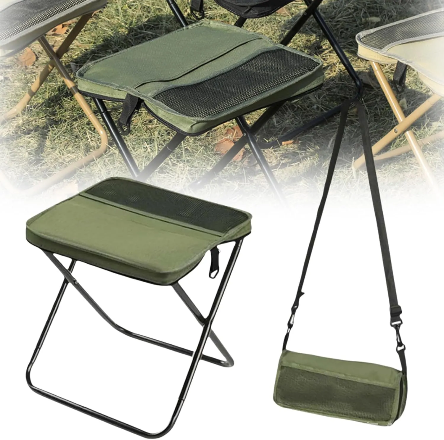 Foldable Backpack Stool, Portable Folding Backpack Stool with Adjustable Strap, Lightweight Mini Camping Chair for Hiking, Fishing, Travel & Outdoor Events (Green, Large)