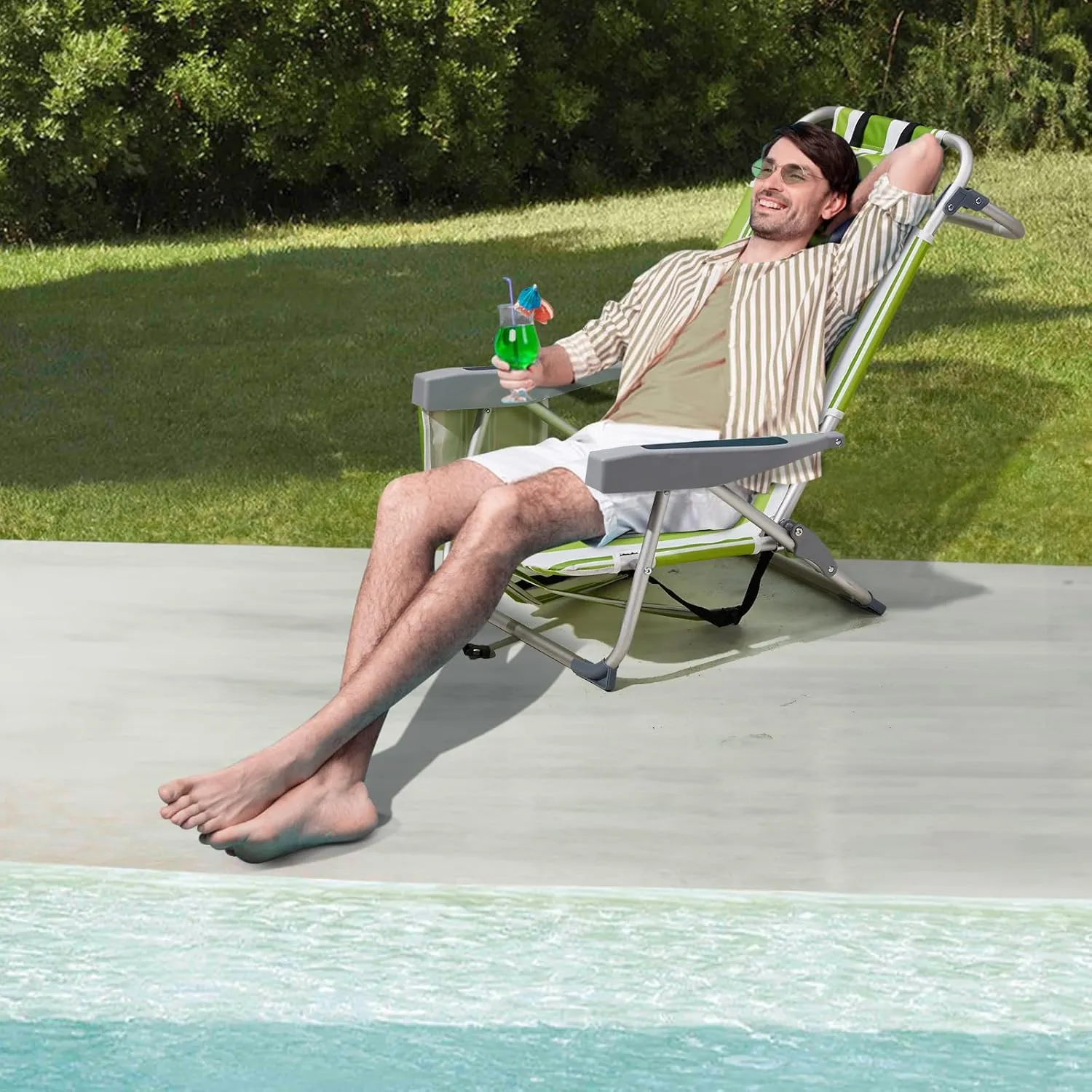Folding Low Backpack Beach Chair 5-Position with Headrest & Cup Holder - Portable Aluminum Reclining Camping Chair with Storage Bags, Adjustable Recline - Lightweight & Compact, Green