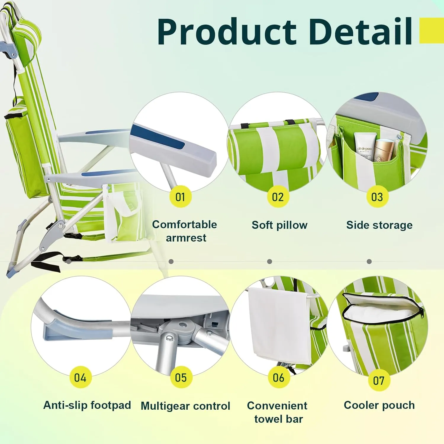 Folding Low Backpack Beach Chair 5-Position with Headrest & Cup Holder - Portable Aluminum Reclining Camping Chair with Storage Bags, Adjustable Recline - Lightweight & Compact, Green
