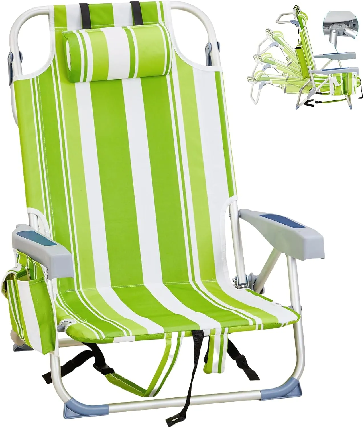 Folding Low Backpack Beach Chair 5-Position with Headrest & Cup Holder - Portable Aluminum Reclining Camping Chair with Storage Bags, Adjustable Recline - Lightweight & Compact, Green