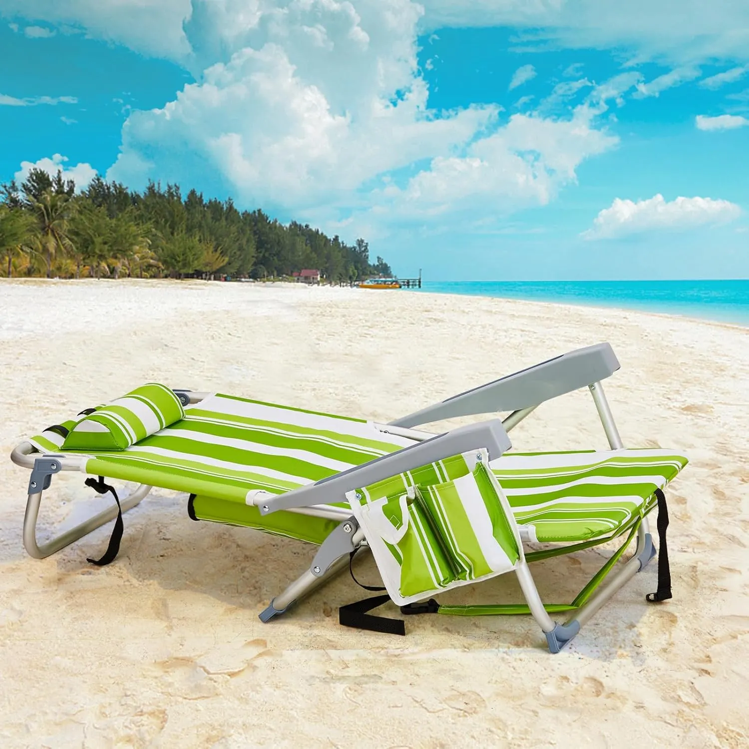 Folding Low Backpack Beach Chair 5-Position with Headrest & Cup Holder - Portable Aluminum Reclining Camping Chair with Storage Bags, Adjustable Recline - Lightweight & Compact, Green