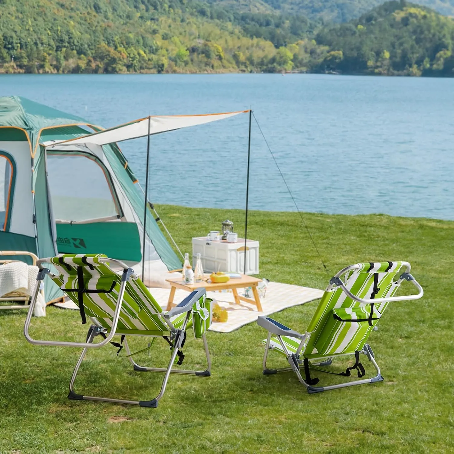 Folding Low Backpack Beach Chair 5-Position with Headrest & Cup Holder - Portable Aluminum Reclining Camping Chair with Storage Bags, Adjustable Recline - Lightweight & Compact, Green