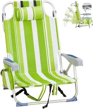 Folding Low Backpack Beach Chair 5-Position with Headrest & Cup Holder - Portable Aluminum Reclining Camping Chair with Storage Bags, Adjustable Recline - Lightweight & Compact, Green