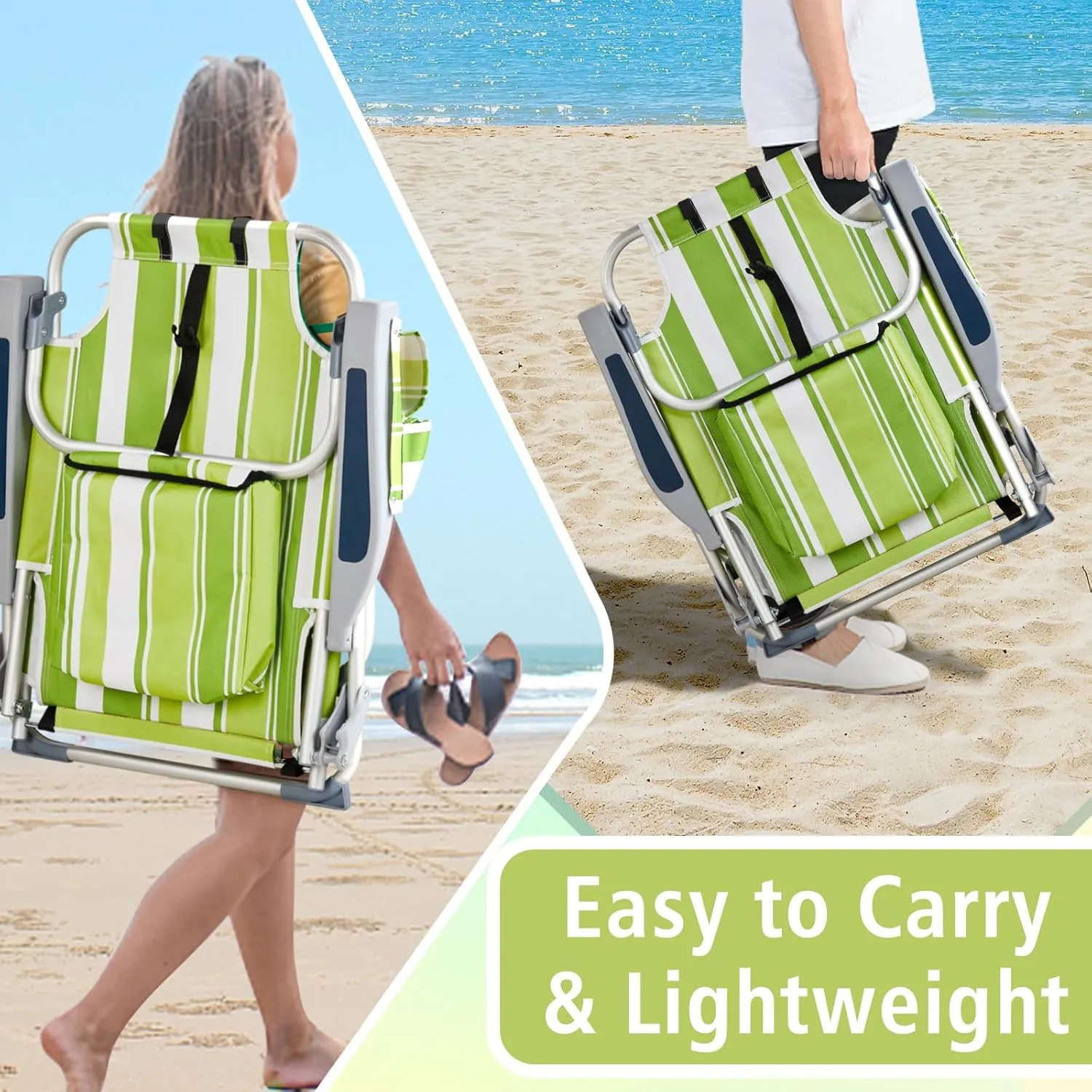 Folding Low Backpack Beach Chair 5-Position with Headrest & Cup Holder - Portable Aluminum Reclining Camping Chair with Storage Bags, Adjustable Recline - Lightweight & Compact, Green
