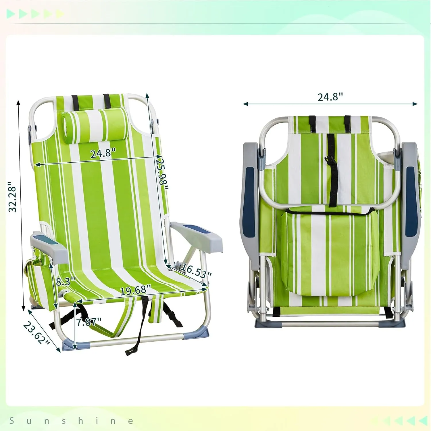 Folding Low Backpack Beach Chair 5-Position with Headrest & Cup Holder - Portable Aluminum Reclining Camping Chair with Storage Bags, Adjustable Recline - Lightweight & Compact, Green