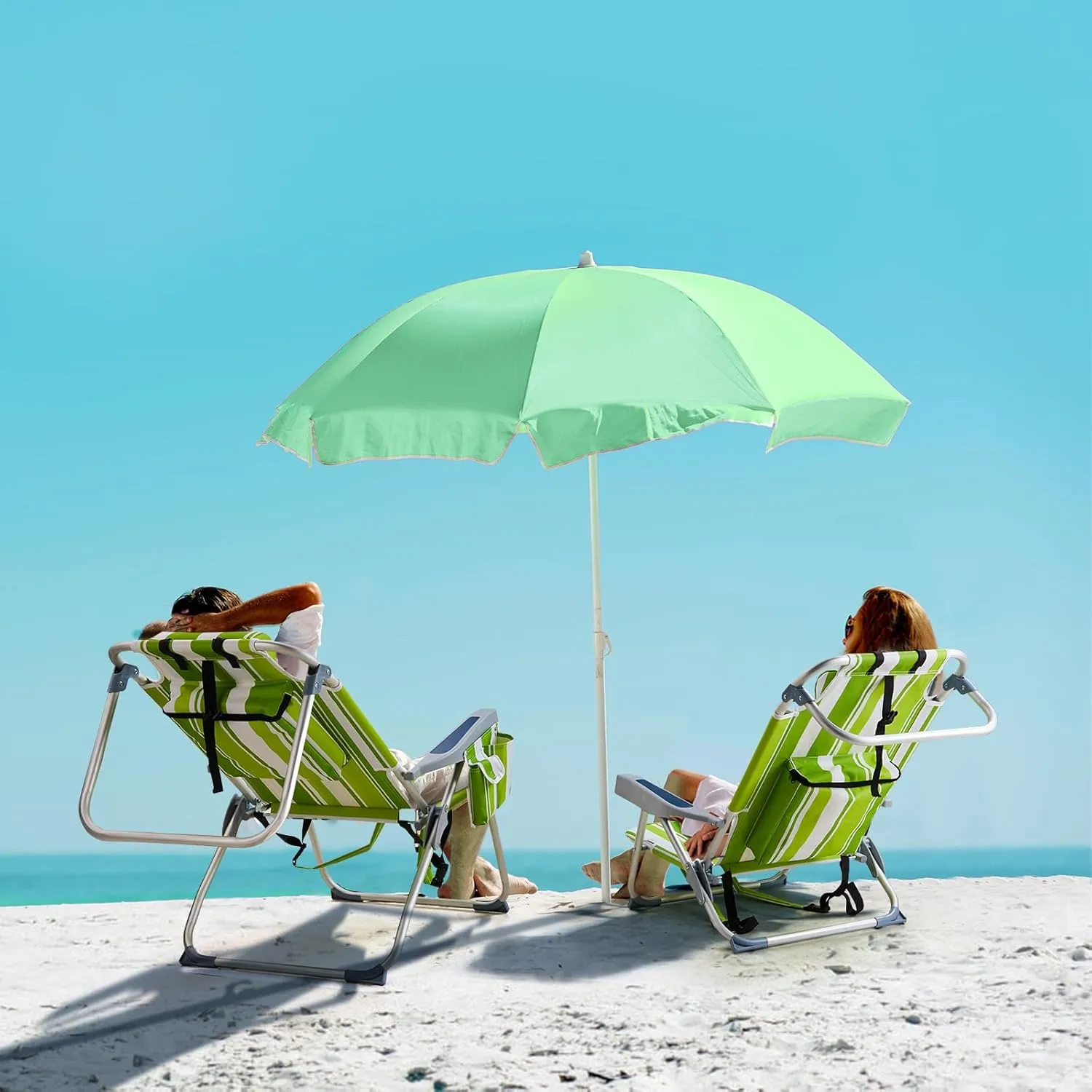 Folding Low Backpack Beach Chair 5-Position with Headrest & Cup Holder - Portable Aluminum Reclining Camping Chair with Storage Bags, Adjustable Recline - Lightweight & Compact, Green