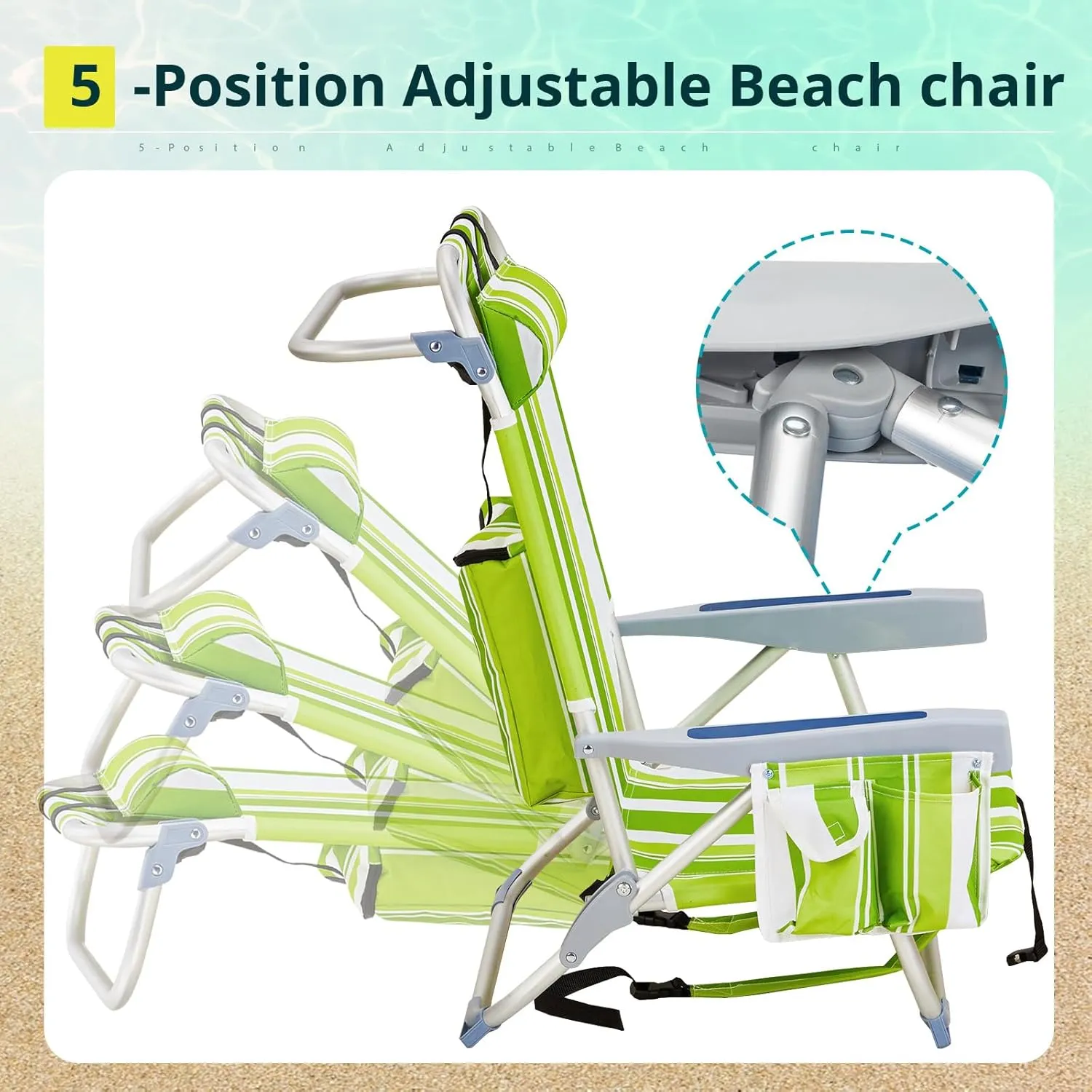 Folding Low Backpack Beach Chair 5-Position with Headrest & Cup Holder - Portable Aluminum Reclining Camping Chair with Storage Bags, Adjustable Recline - Lightweight & Compact, Green