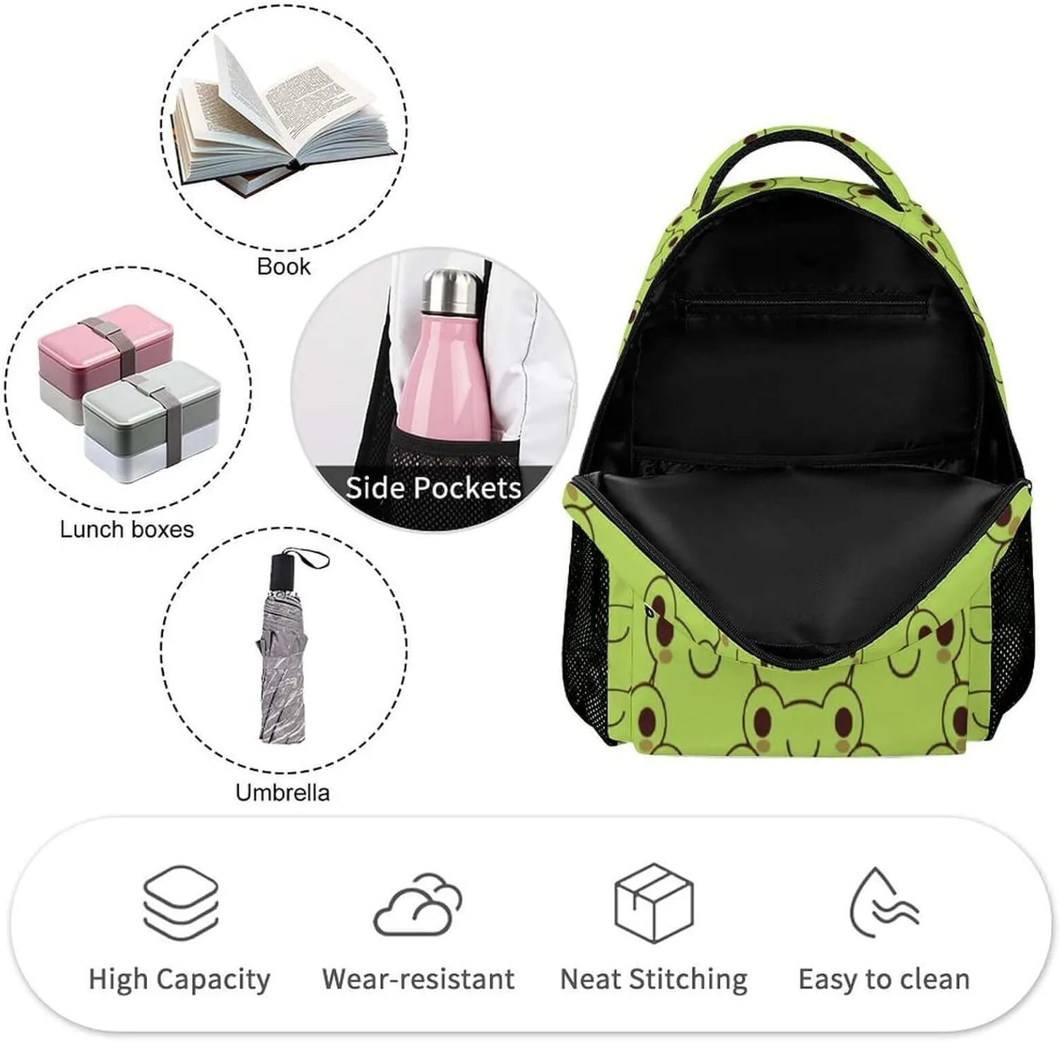 Frog Backpack for Kids Girls Boys School, 16 Inches Cute Frog Theme Bookbag, Adjustable, Lightweight, Large Capacity, Colorful Frog Backpack for School