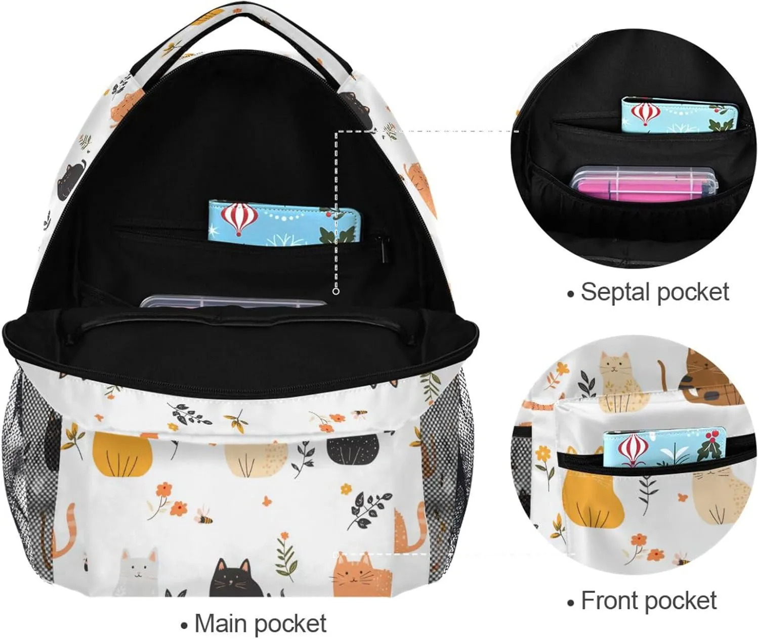Fun Backpack for Men and Women Waterproof Backpack with Chest Strap for Travel Trip Cartoon Sweet Singapura Cats White