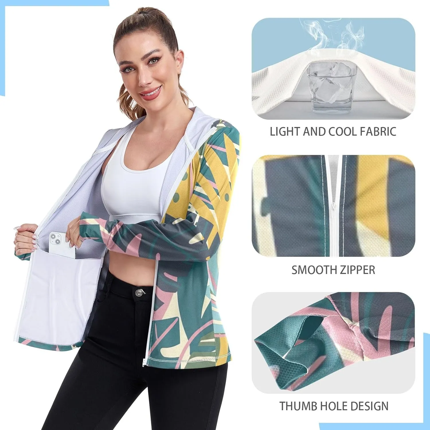 GAIGEO Exotic Leaves Collage Women Jacket Lightweight UPF 50  Upf Clothing Women with Zip Pockets, XXL