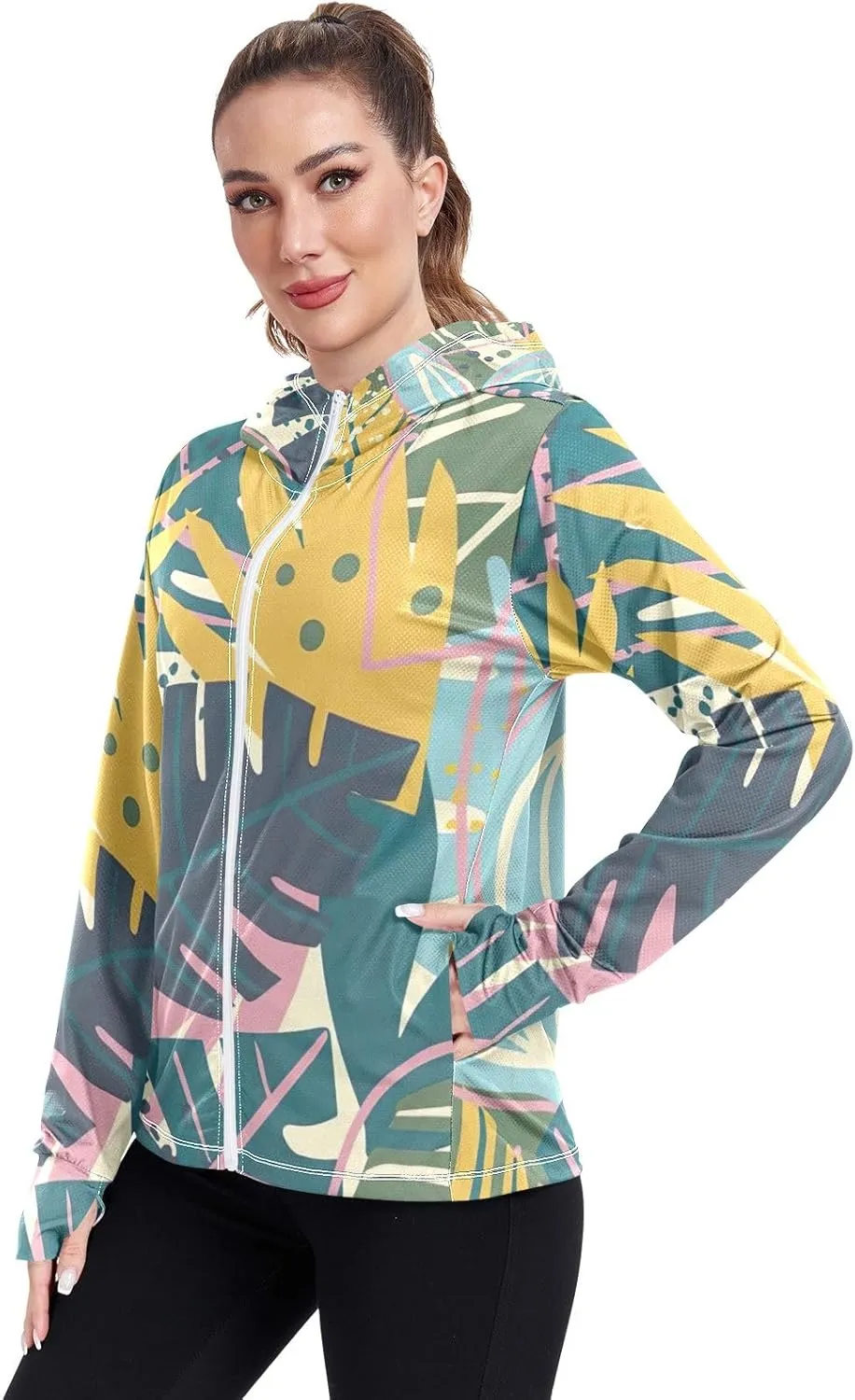 GAIGEO Exotic Leaves Collage Women Jacket Lightweight UPF 50  Upf Clothing Women with Zip Pockets, XXL