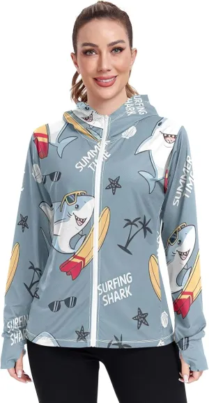 GAIGEO Gray Summer Time Surfer Shark Women Jacket UPF 50  Sunscreen Clothing for Women Uv, Cooling and Lightweight, S