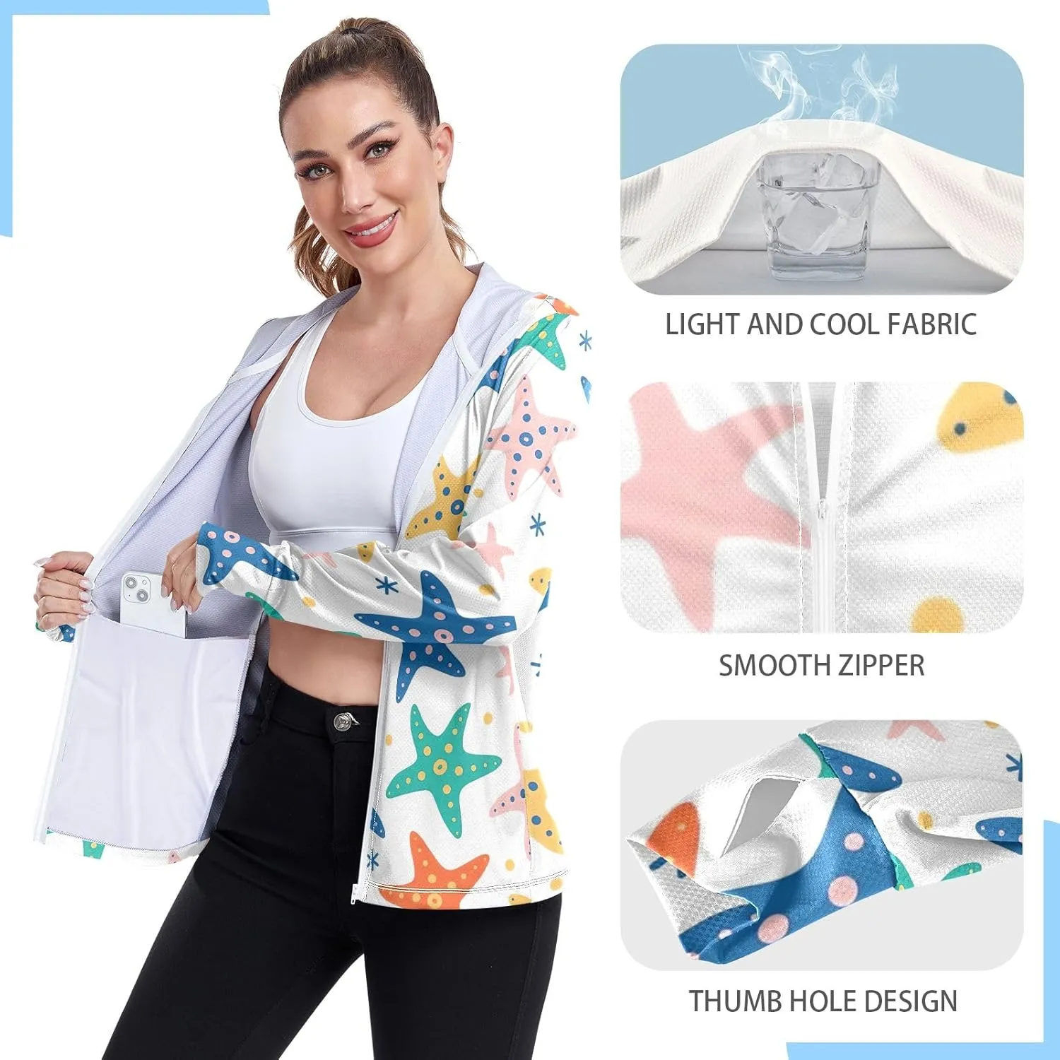 GAIGEO Starfish Blue Green Women Jacket UPF 50  Lightweight Upf Clothing Women, Breathable Fabric, S