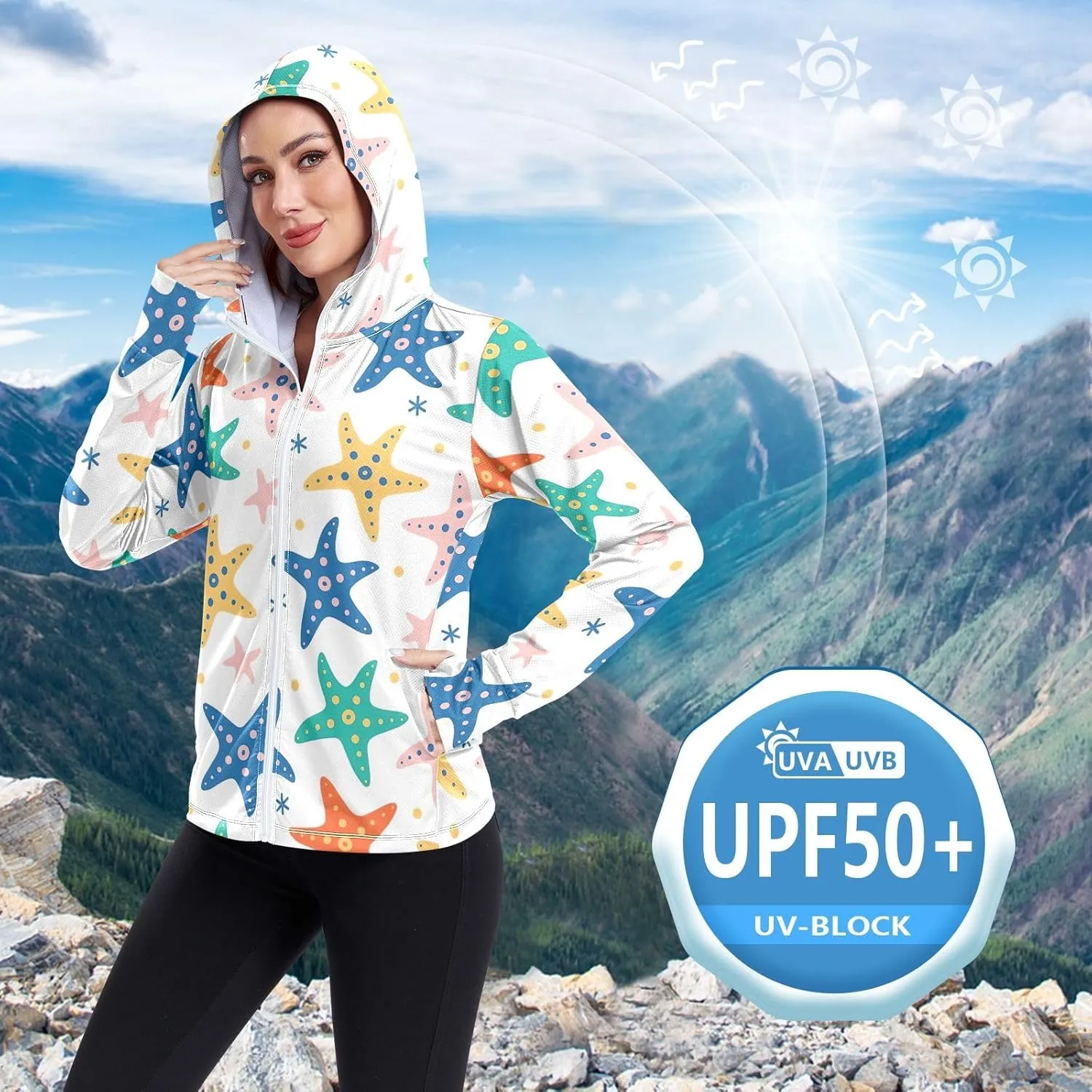 GAIGEO Starfish Blue Green Women Jacket UPF 50  Lightweight Upf Clothing Women, Breathable Fabric, S