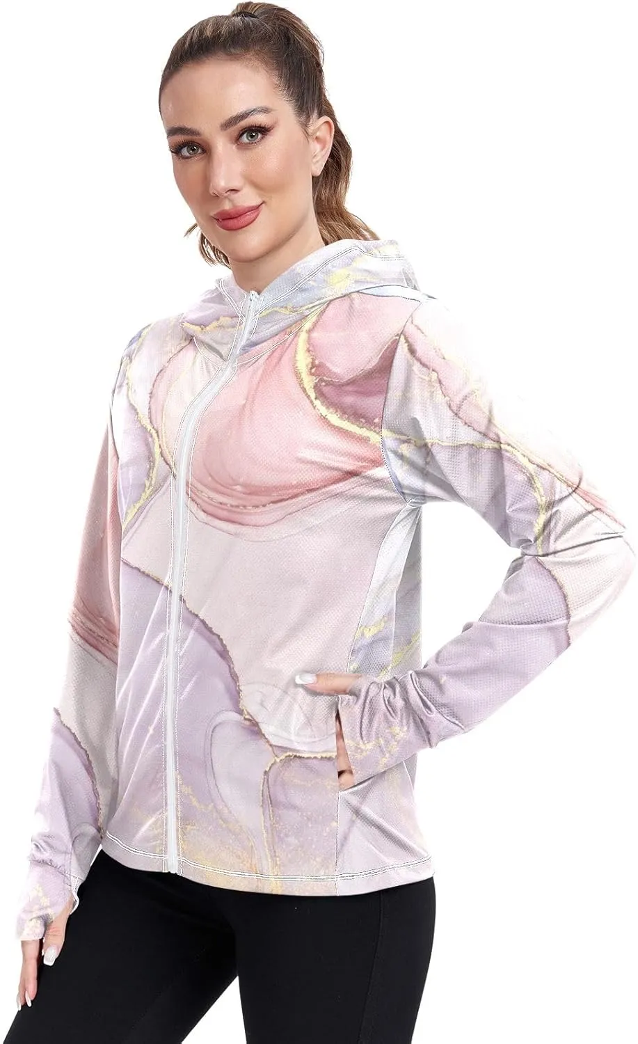 GAIGEO Yellow Flower Leaves Green Women Jacket UPF 50  Uv Clothing for Women Sun Protection, Hooded Design Thumb Holes, S