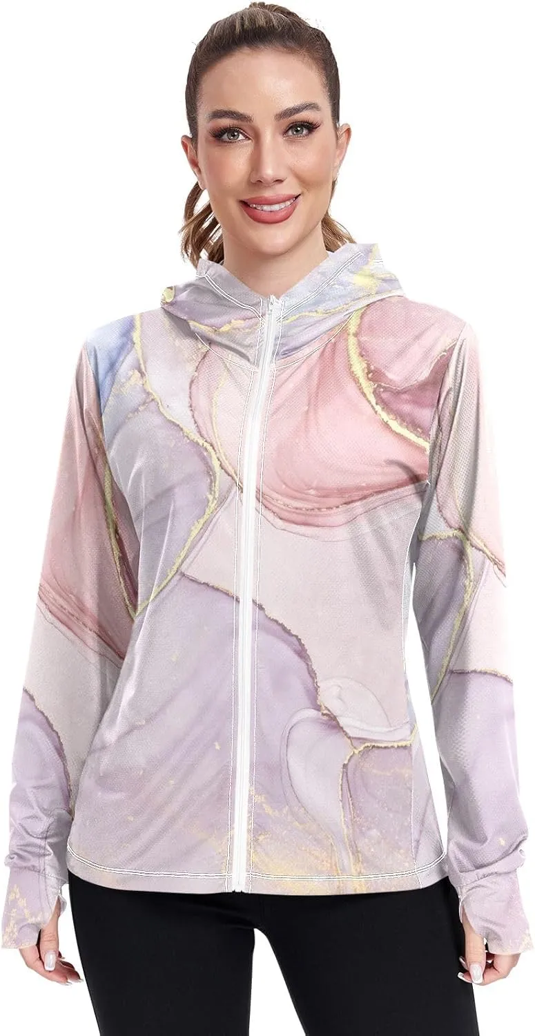 GAIGEO Yellow Flower Leaves Green Women Jacket UPF 50  Uv Clothing for Women Sun Protection, Hooded Design Thumb Holes, S