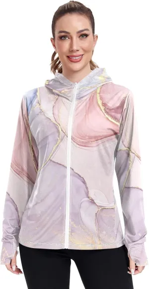 GAIGEO Yellow Flower Leaves Green Women Jacket UPF 50  Uv Clothing for Women Sun Protection, Hooded Design Thumb Holes, S