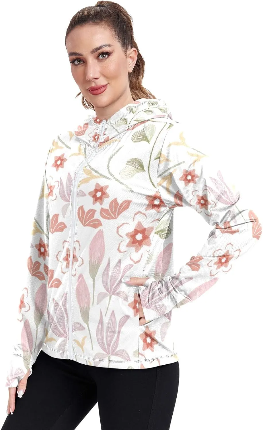 GAIGEO Yellow Flower Leaves Green Women Jacket UPF 50  Uv Clothing for Women Sun Protection, Hooded Design Thumb Holes, S