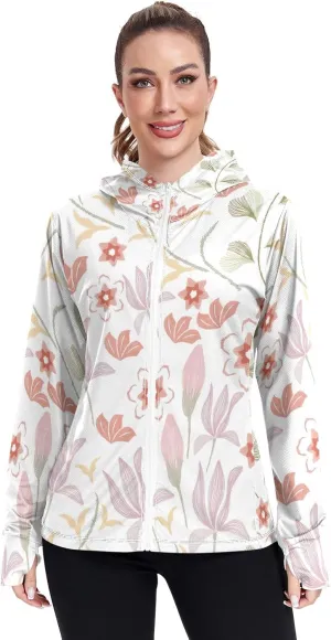 GAIGEO Yellow Flower Leaves Green Women Jacket UPF 50  Uv Clothing for Women Sun Protection, Hooded Design Thumb Holes, S