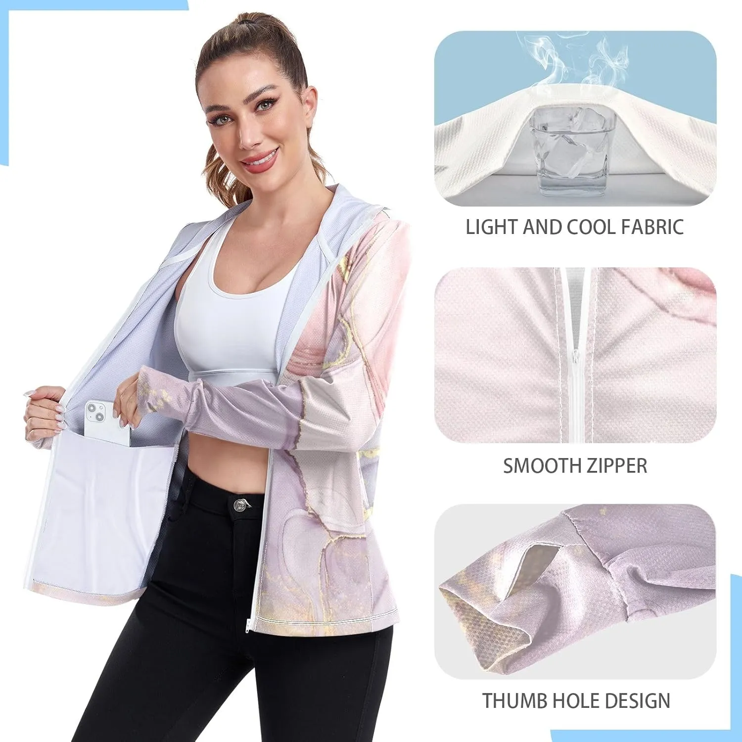 GAIGEO Yellow Flower Leaves Green Women Jacket UPF 50  Uv Clothing for Women Sun Protection, Hooded Design Thumb Holes, S