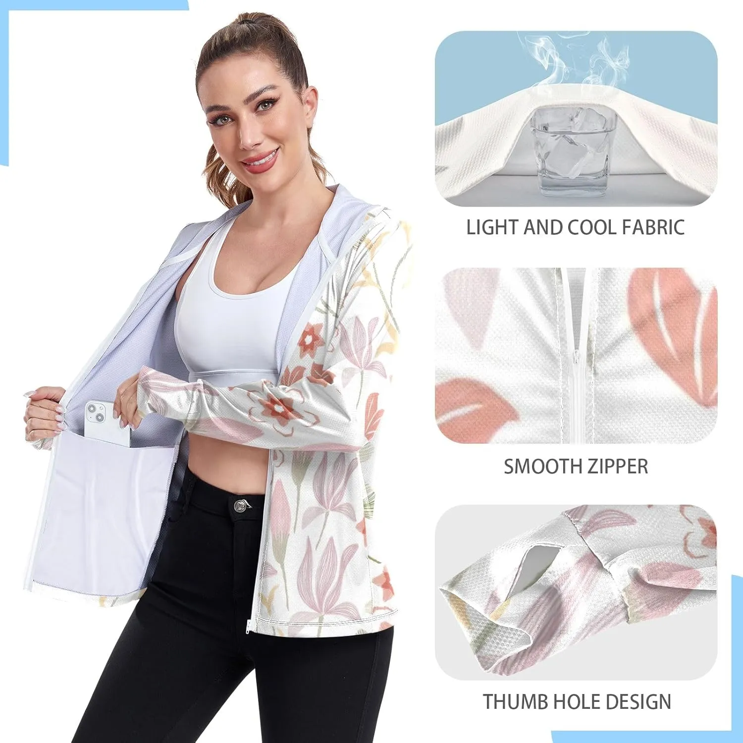 GAIGEO Yellow Flower Leaves Green Women Jacket UPF 50  Uv Clothing for Women Sun Protection, Hooded Design Thumb Holes, S