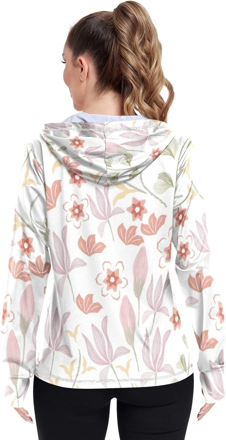 GAIGEO Yellow Flower Leaves Green Women Jacket UPF 50  Uv Clothing for Women Sun Protection, Hooded Design Thumb Holes, S