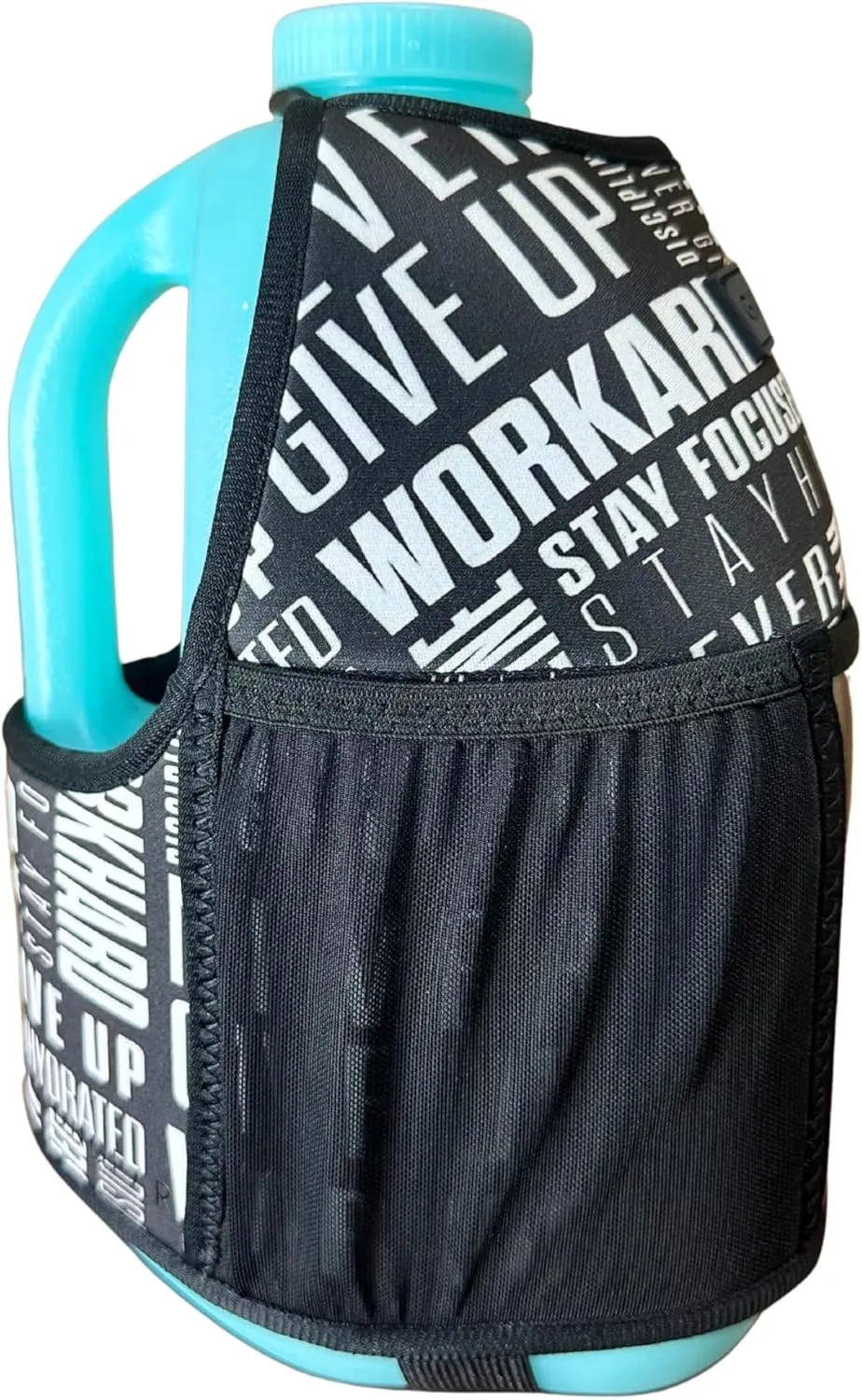 Gallon Gear 1 Gallon Large Water Bottle with Cover - BPA Free Plastic, Reusable Water Jug and Neoprene Cooling & Insulated Carrier with Storage Pockets (Aqua/Motivation Black/White)