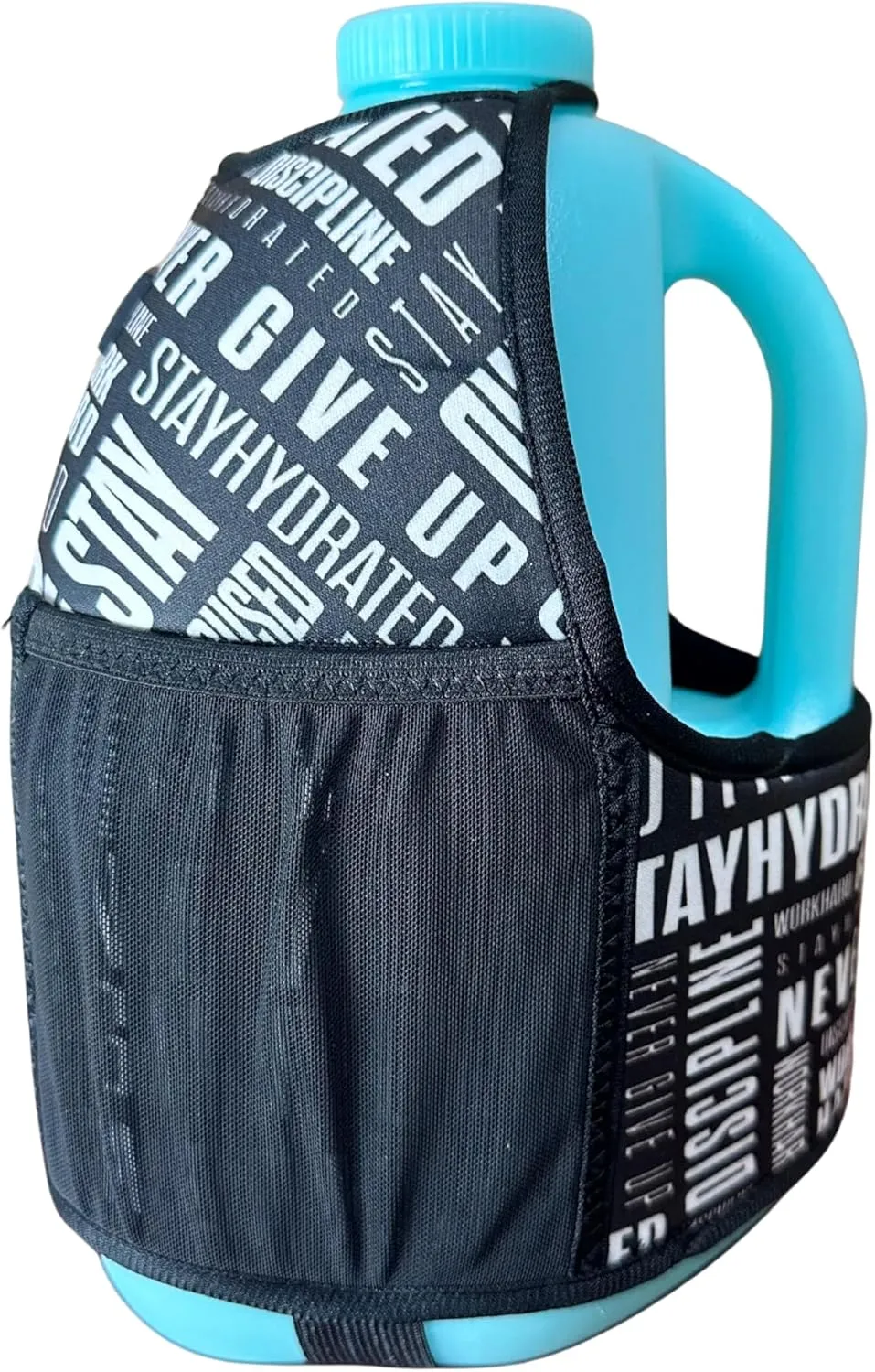 Gallon Gear 1 Gallon Large Water Bottle with Cover - BPA Free Plastic, Reusable Water Jug and Neoprene Cooling & Insulated Carrier with Storage Pockets (Aqua/Motivation Black/White)