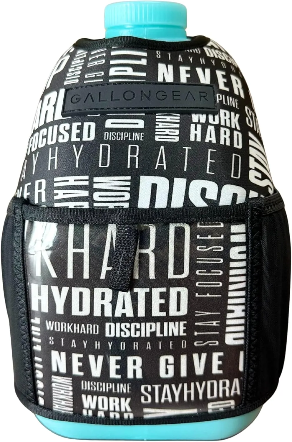 Gallon Gear 1 Gallon Large Water Bottle with Cover - BPA Free Plastic, Reusable Water Jug and Neoprene Cooling & Insulated Carrier with Storage Pockets (Aqua/Motivation Black/White)