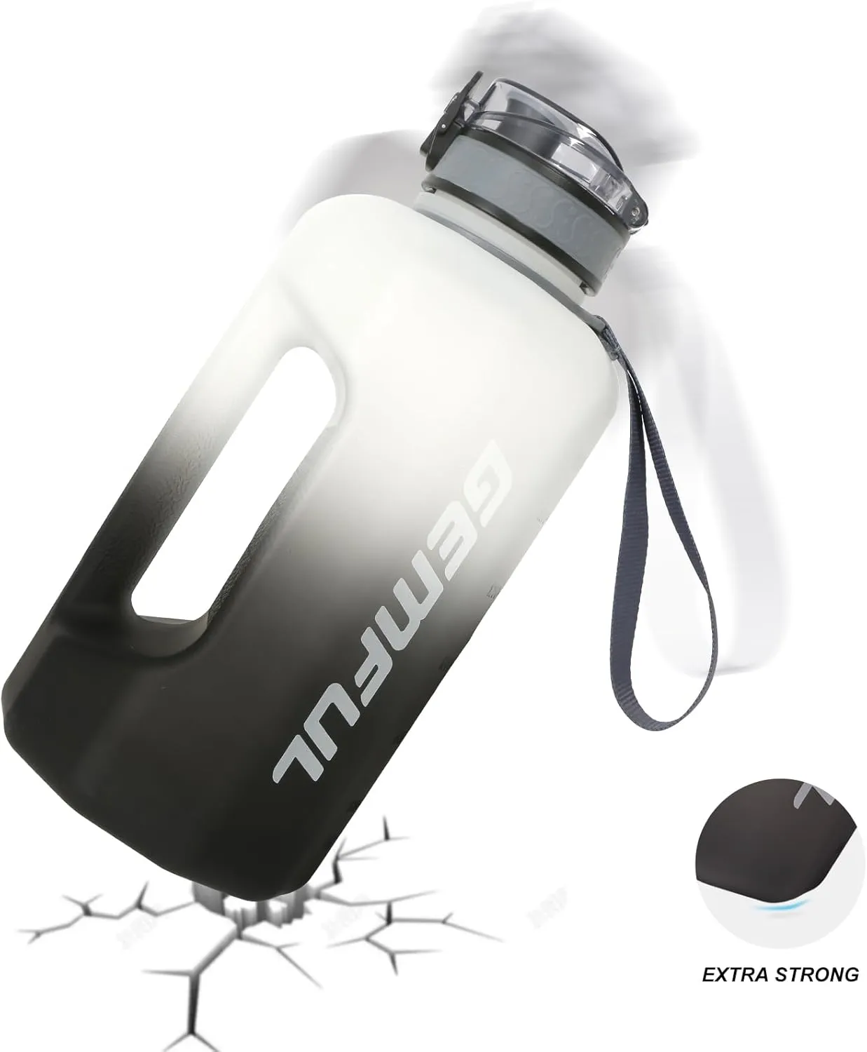 GEMFUL Half Gallon Water Bottle with Time Marker 74oz BPA-Free Leakproof Jug for Gym Workout 2.2L Large Capacity (White/Black no Straw)
