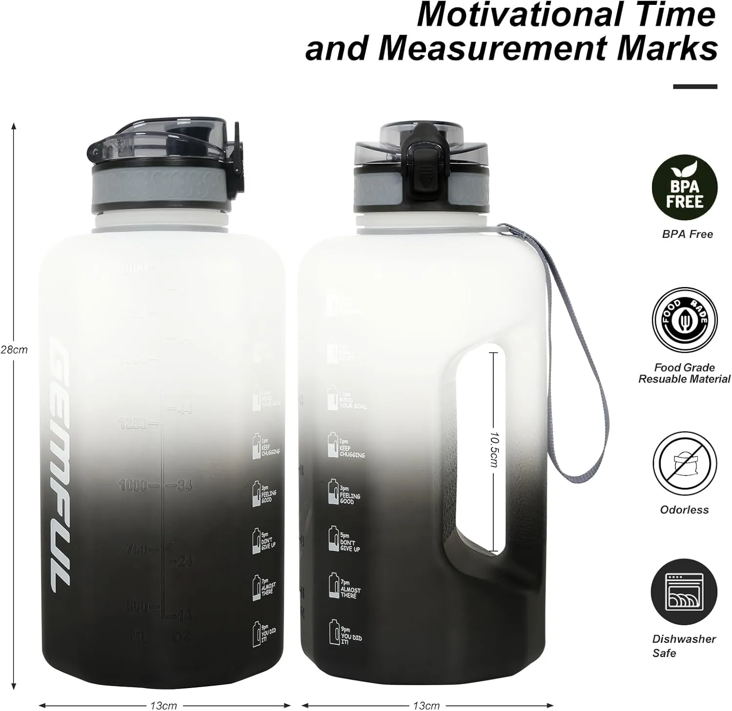 GEMFUL Half Gallon Water Bottle with Time Marker 74oz BPA-Free Leakproof Jug for Gym Workout 2.2L Large Capacity (White/Black no Straw)