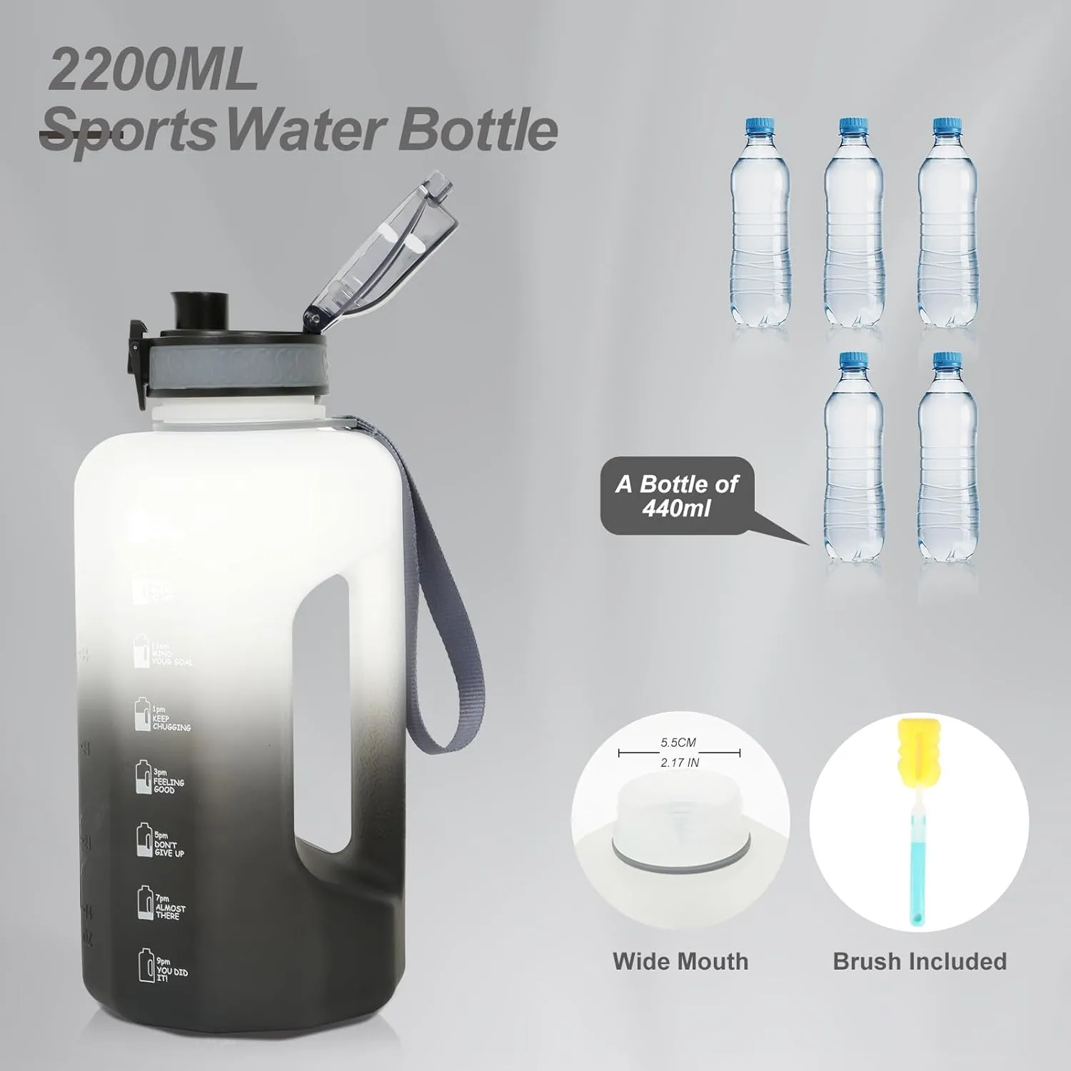 GEMFUL Half Gallon Water Bottle with Time Marker 74oz BPA-Free Leakproof Jug for Gym Workout 2.2L Large Capacity (White/Black no Straw)