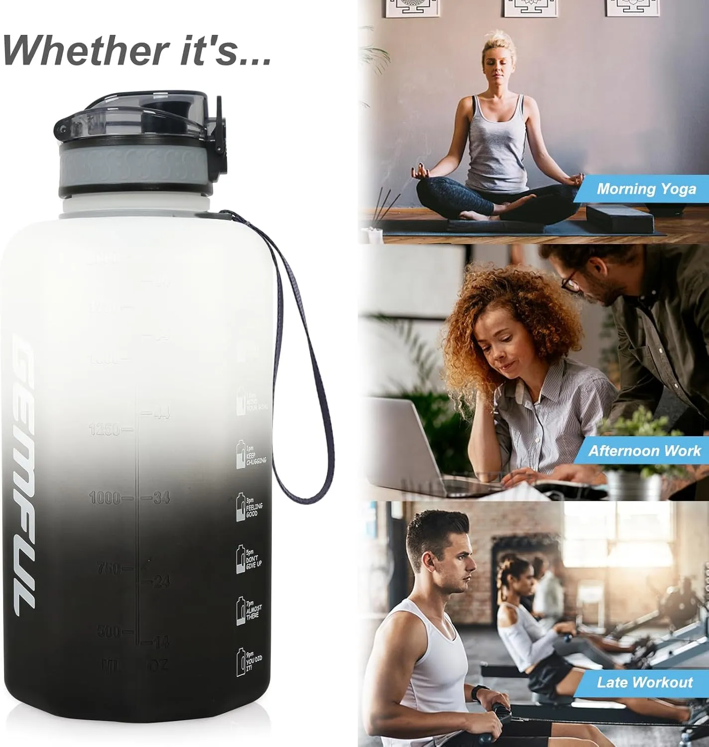 GEMFUL Half Gallon Water Bottle with Time Marker 74oz BPA-Free Leakproof Jug for Gym Workout 2.2L Large Capacity (White/Black no Straw)