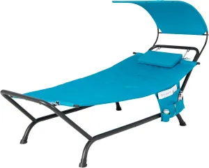 Giantex Hanging Hammock with Stand, Patio Hanging Chaise Lounge Chair w/Canopy, Cushion, Pillow & Storage Bag, Heavy Duty Swing Hammock Bed for Garden Lawn Backyard Patio Poolside Porch (Blue)